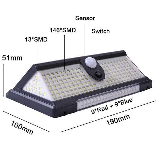 Solcellelys utendørs 190 LED  Solbevegelsessensorlys Solpanel og 4 moduser med IP65 Vanntett vidvinkel