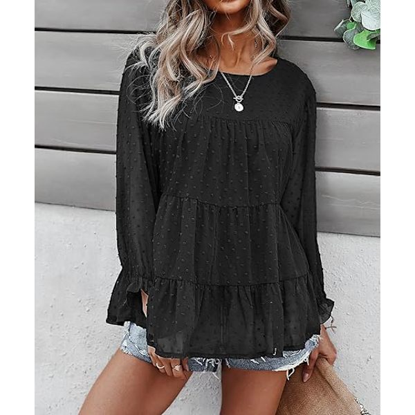 Dam sommar lös chiffong blus mesh långärmad casual rund hals peplum
