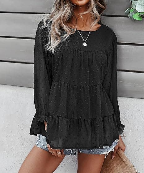 Dames Sommer Løs Chiffon Bluse Mesh Langærmet Casual Rund Hals Peplum