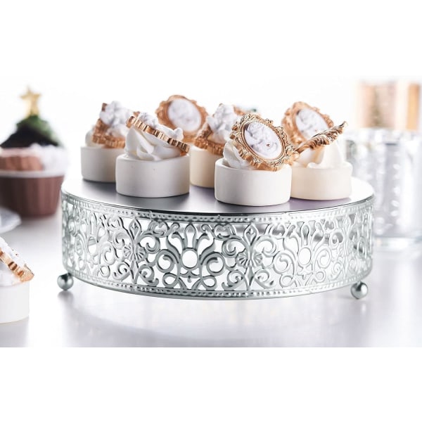 8\" Rund spets silver metall bröllopstårta stativ, dessert display stativ glänsande metallisk finish för dessert cupcake bakverk godis display