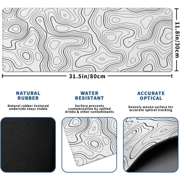 Contour Gaming Mouse Pad Valkoinen Suuri Hiirimatto Näppäimistölle ja Hiirimatto Pöytäalusta 3mm Liukumattoman Pohjan ja Ommellun Reunan Kanssa Pelaamiseen ja Toimistotietokoneen Mattosuoja Matto 31.5x11.8 Tuumaa