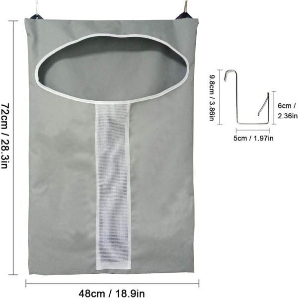 Över dörrhängande smutsig klädbehållare - Väggmonterad förvaringskorg med krokar i rostfritt stål - för sovrum, badrum, sovsal - Grå