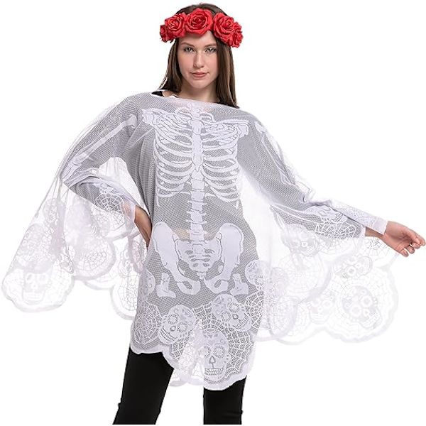 Halloween Poncho Valkoinen Pitsi Luuranko Poncho Naisille, Day of The Dead Puku