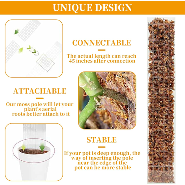 Monstera Støtte, 24 Tommer 4-Pakk Sphagnum Støtte, med Borrelås og Spiker Innendørs Plante Støtte, Monstera, Plante Støtte for Klatreplanter Monstera Støtte