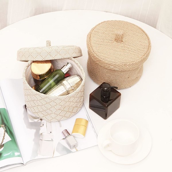 2 kappaletta Jute ja puuvillakangas säilytyskori söpö pyöreä laatikko Toiletries T
