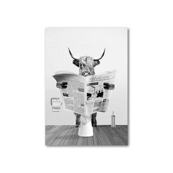 Set med 3 badrumsaffischer - Highland Cow-mönster - Svartvitt väggtryck - 30x42 cm