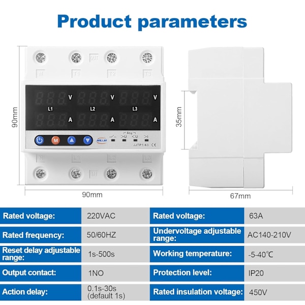 Jännite- ja virtasuojain, säädettävä kolmivaiheinen yli- ja alijännite suojalaitte, AC230V DIN-kisko ylivirtasuojain palautus (koko: 63A)