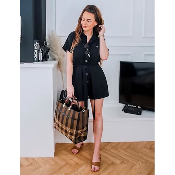 Kvinners sommer shorts ermet knapp lomme belte jumpsuit,XL