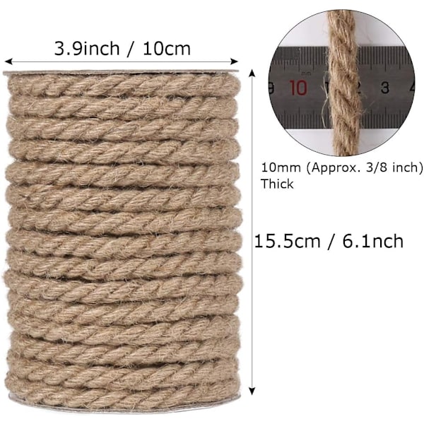 Naturlig Jute Garn 10mm 15m Naturlig Jute Garn Hage Tau for Katt Klørestolpe, Hagearbeid, Dekorative Håndverk (Brun)