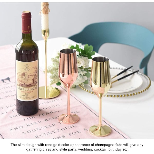 Champagneflöjter Set om 2, 304 Roséguld Rostfritt Stål Champagneflöjter 220ml Rödvinsglas Set för Bröllopsdag Födelsedagspresenter (Roséguld)