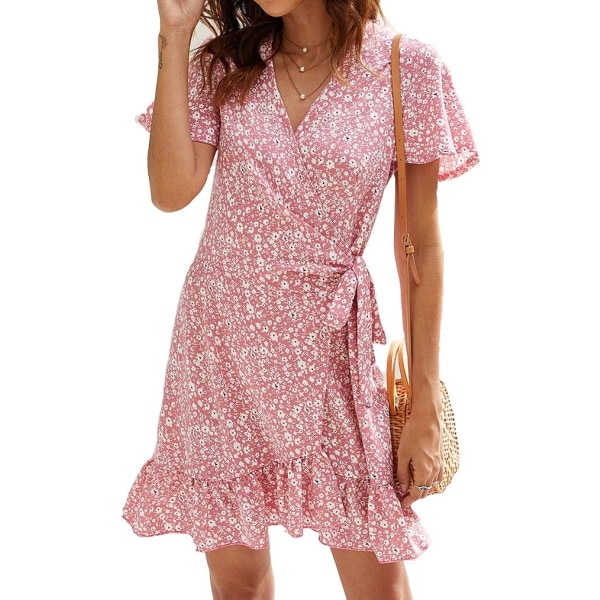 Women's Summer Wrap V-hals Dot Print Crinkled Kortärmad Mini Floral Dres