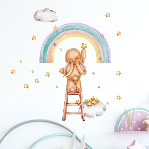 En set kreativa Rabbit Rainbow Stars Cloud Wall Sticker, Wall Sticker