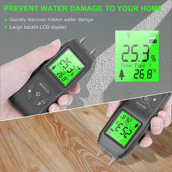 Träfuktighetsmätare, handhållen digital fuktighetsdetektor, bakgrundsbelyst LCD-display