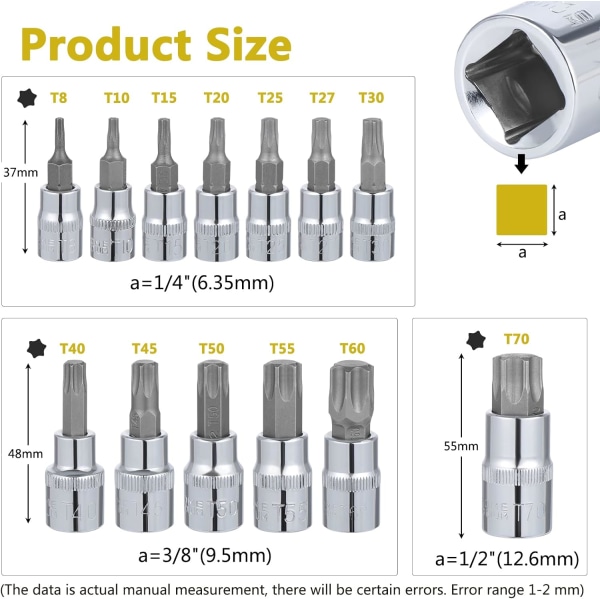 13 stk. stiknøglesæt, bitsæt, hun-torx-nøgler, torx-bitsæt, krom-vanadiumstål 1/4\", 3/8\" og 1/2\" drev
