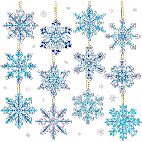 12 st julpynt med snöflingor i diamantmålning, DIY-diamantmålningsetiketter, julhängande diamantkonstset, vinter-snöflinga-kristall-P