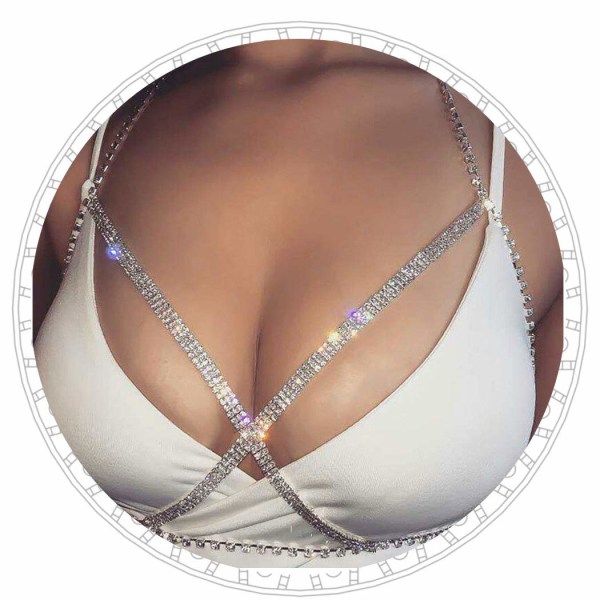 Boho Crystal Body Chain Sølv Rhinestone Harness BH Smykker Beach Bikini