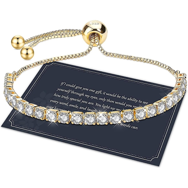 Armband för kvinnor, sterling silver tennisarmband kristallreglage armband S925 damarmband, guld