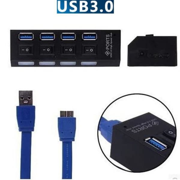 4-ports USB 3.0-hub med strømafbryder, splitter, Plug & Play + strømadapterkabel til pc (EU) GOBRO[YJD]