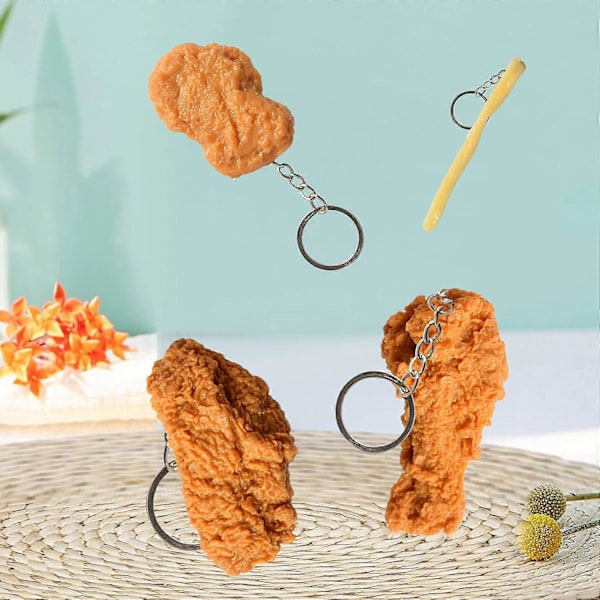 4 stk., Imitasjon Mat Nøkkelring Pommes Frites Kyllingnuggets Stekt Kyllinglår Mat Anheng Nøkkelring - - (C)