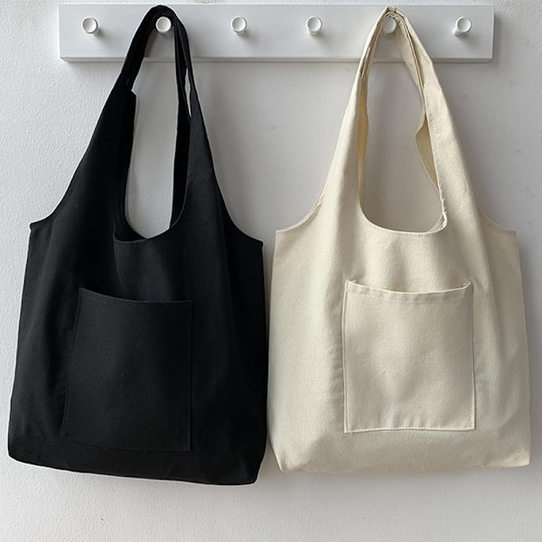 Canvas Taske Heavy Duty Pladsbesparende Ensfarvet Lomme Design Canvas Tote Taske Til Kvinder White