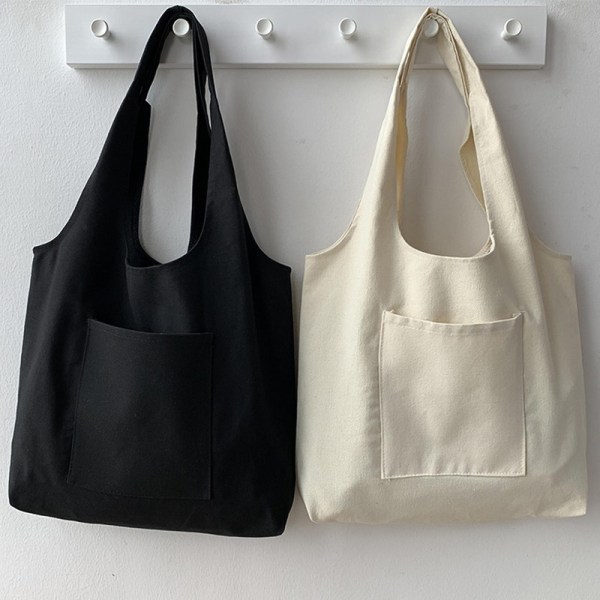 Canvasväska, tungt tyg, platsbesparande, enfärgad fickdesign, canvas tote-väska för kvinnor White