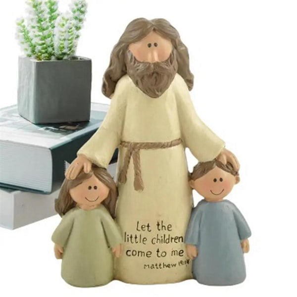 Figurin Kristent Religiøst Harpiksstatue Jesus med Gutter & Jenter Håndverk Ornament Hjemmedekorasjon C