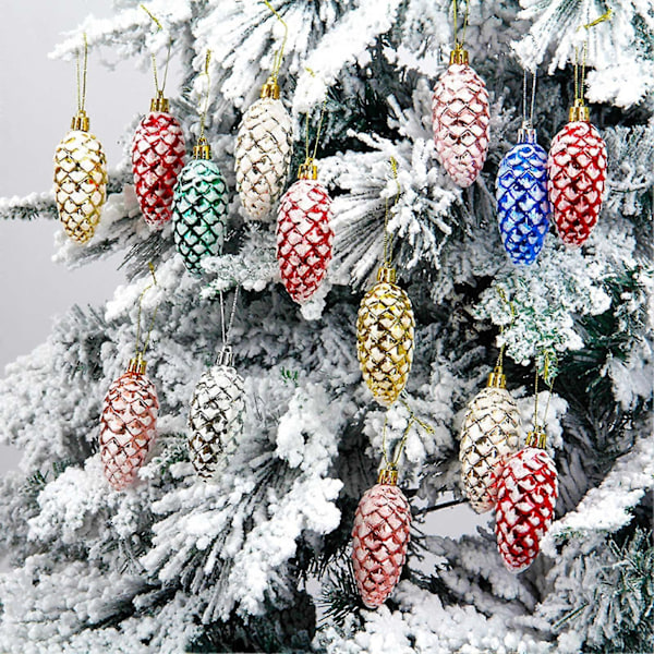 5 st julgransprydnader i plast, kottar, färgglada, glittrande, hängande, för festlig dekoration, julgran, DI