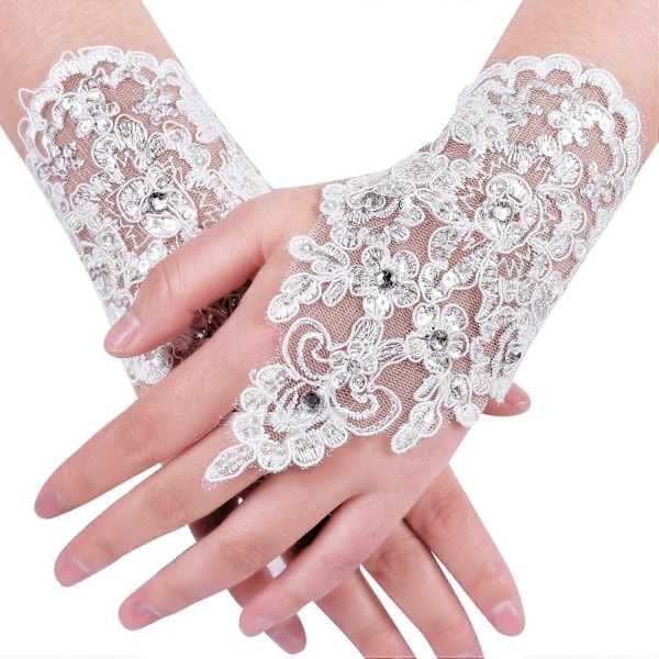 HEYONE Spets Fingerlösa Strass Brudhanskar för Bröllopsfest Elfenben One Size (C)