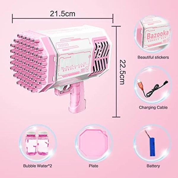 Bubbelmaskin elektrisk vattenpistol utomhusleksak - 69 hål såpbubblor Bröllopsleksakspistol med lampor Hk Pink