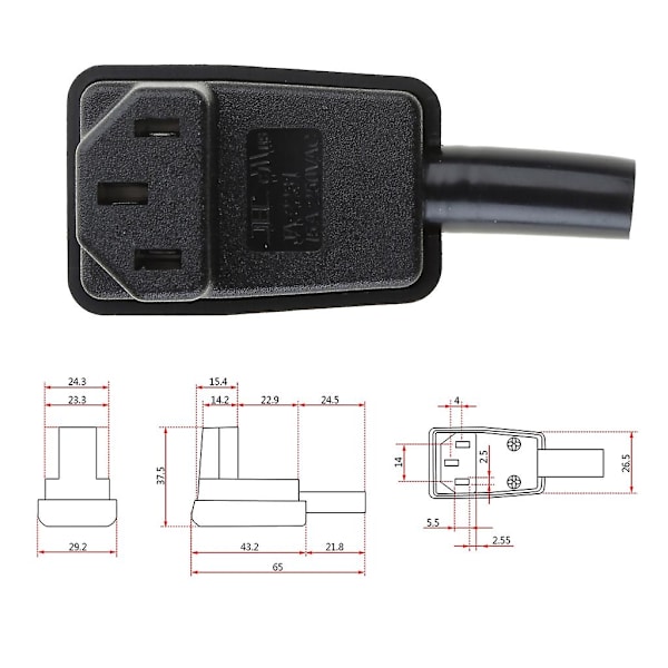 C13 Strömkabelkontakt 90 Grader Vinklad IEC 320 Honkontakt AC 10A / 250V Strömledning Kabelkontakt För Resenär Hem