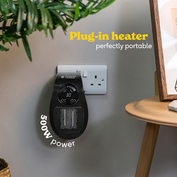500W Keramisk Pluggvarmer, Justerbar Termostat, 12 Timers Timer & LED-Skjerm, 2 Viftemodus, Svart