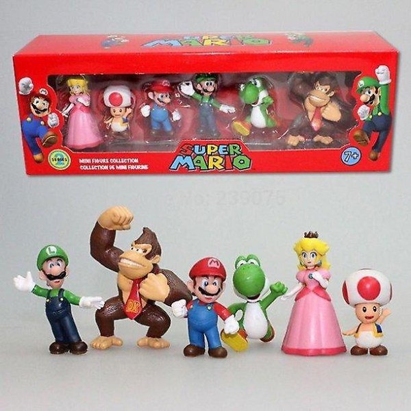 Super Mario Actionfigurer Leksaker Set med 6 Mario Figurer med Luigi Princess Peach Yoshi Donkey Kong och Paddor Dekoration Tårta Toppers Boxed