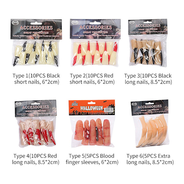 5 stk. Halloween Falske Fingre Sæt Spooky Scary Witches Negle til Cosplay Party Prank Legetøj til Halloween Party Festivaler Scary Props[C] Type 6