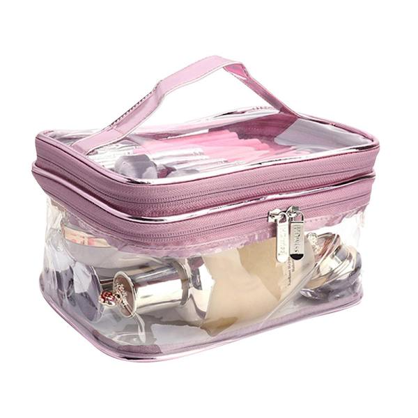 Transparent PVC Sminkväska Bärbar Vattentät Toalettsaksväska Stor Kapacitet Blixtlås Kosmetikväska Rose Pink Double Layer