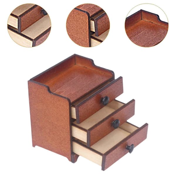 Mini Solid Træ Dukkehus Kabinet Miniature 3 Skuffer