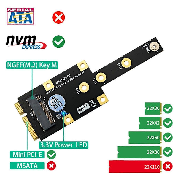 Mini PCI-E til M.2 M-nøkkel Adapter Mini PCIExpress til NVME SSD Konverter Riserkort Utvidelseskort fo