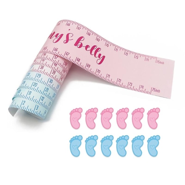 Mammas mage måttband och 12 fotavtryck klistermärken för baby-shower spel inch-blue and pink feet