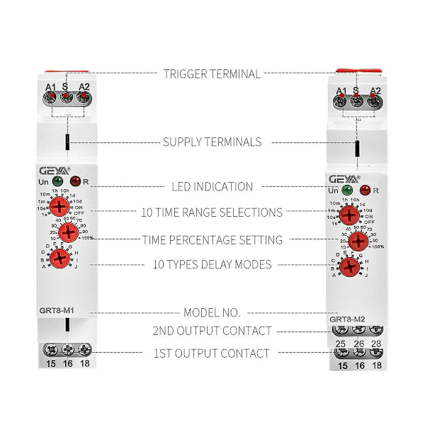 GRT8-M1 Tidsforsinkelsesrelé På/Av 16A AC/DC12V-240V Multifunksjon DIN Skinne Automatisk Timer Relé