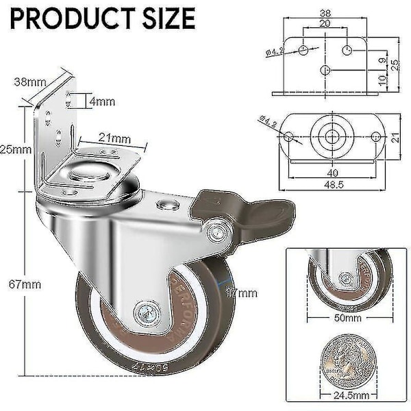 Set med 4 svängbara hjul, 50 mm, 100 kg möbelhjul, L