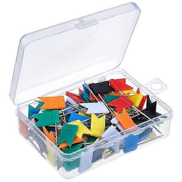100 stk. fargede flagg-trykknåler reisekartnåler markeringsnåler, 7 assorterte farger kartstift plastikkhode med stålspiss (C)