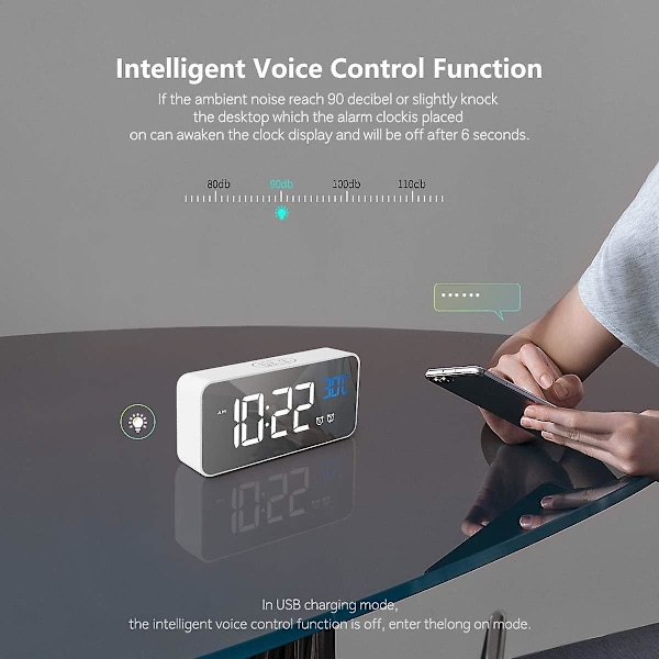 Homvilla Digital Väckarklocka med Stor LED-Temperaturdisplay, Bärbar Spegelväckarklocka med Dubbel Sovtid Alarm 4-nivå Justerbar Ljusstyrka Dimmer