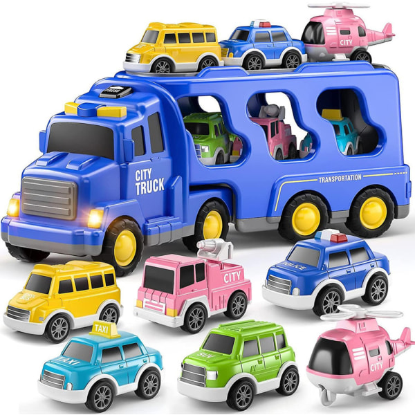 Toddler lastbilsleksaker för 3 4 5 6 7 år gamla pojkar - 7-pack lastbilslastbil Transport Stadsfordon Leksaker, barnleksaker Bil för flickor Pojkar Småbarn Friction Pow 7 Blue City Truck