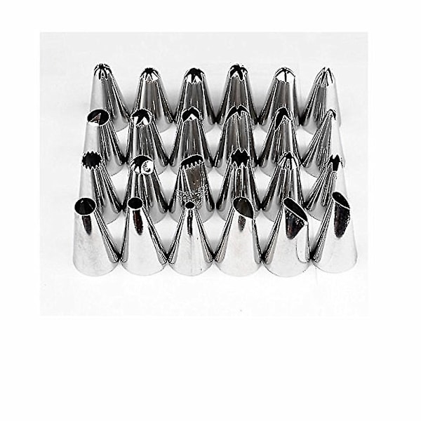 Kagedekorationsudstyr, 31 Kagedekorationsudstyr med 24 Frostingdispensere, 2 Silikonkonditorposer, 2 Genanvendelige Koblinger, 1 Rengøringsbørste, 1 Kagedekoration