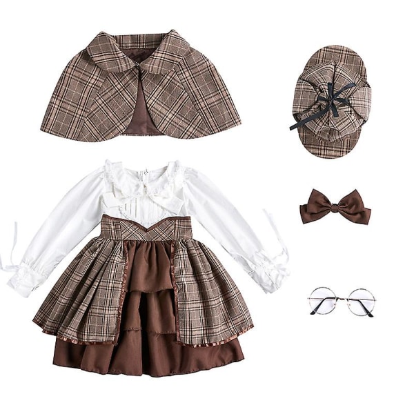 5 st Kid Sherlock Holmes Set British Academy Style Cosplay kostym Lolita flickklänning inklusive sjalglasögon Height-140-150CM