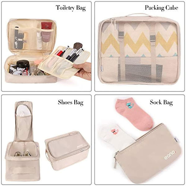 Eono 8 stk. Pakkecuber til Kuffert Letvægts Bagage Pakning Organiser Pakkecuber til Rejsetilbehør - Beige Blue