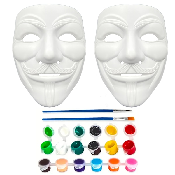 V for Vendetta DIY Håndverksett - 2-delt sett for par og familie, inkluderer 2 hvite malbare masker, 6 akrylmalingfarger, 2 børster for rollespill