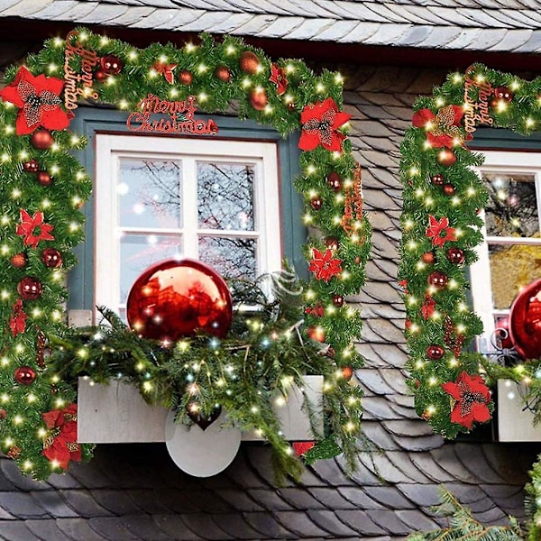 Furu Krans Dekorasjon, Julekrans Med Kuler Blomst Krans Ball Med Led Lys For Inngangsdør 270cm (rød)