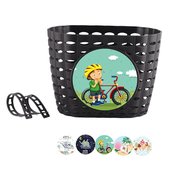 Barncykelkorg för pojke flicka främre cykelstyren vattentät korg med fästrem tonåring liten cykelkorg (C) Black with stickers