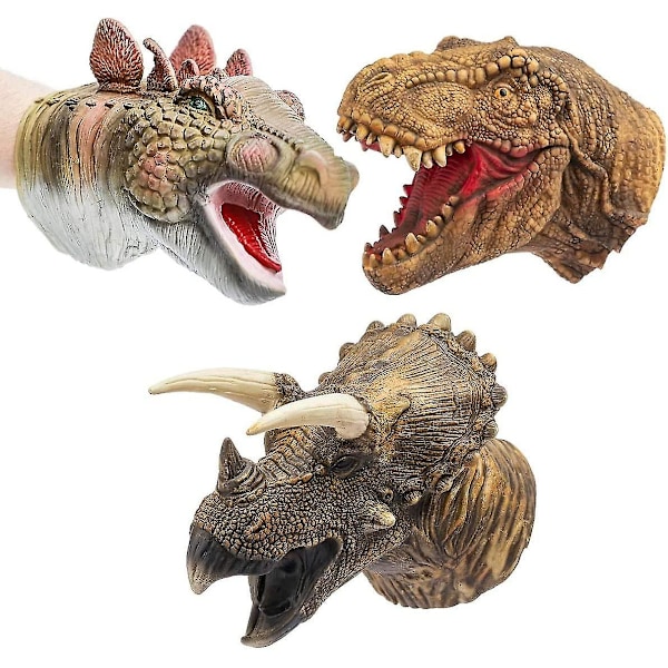 Dinosaurie Handdockor Leksaker Latex Raptor Realistiska Mjuka Dino Djurhuvud Leksak Set T-rex Dockor Tyrannosaurus, Stegosaurus, Triceratops 3 Pack