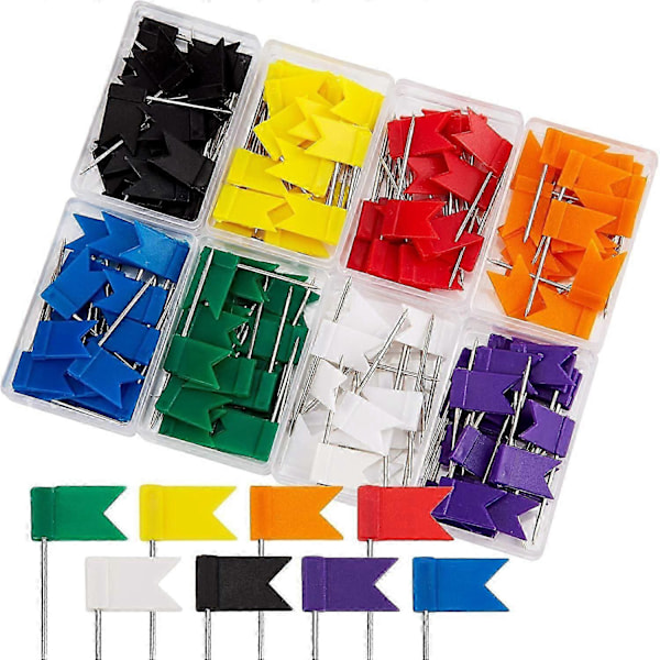 100 stk. fargede flagg-trykknåler reisekartnåler markeringsnåler, 7 assorterte farger kartstift plastikkhode med stålspiss (C)